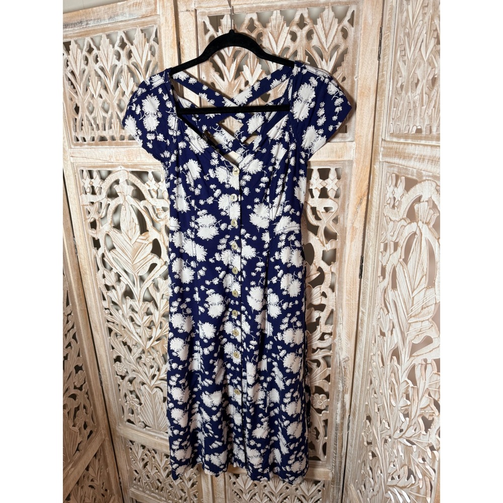Maeve Anthropologie Navy Blue Floral Button Front Midi Dress Strappy Back 0P - Picture 2 of 10